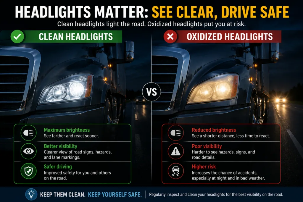 Comparison between clean headlights and oxidized headlights.