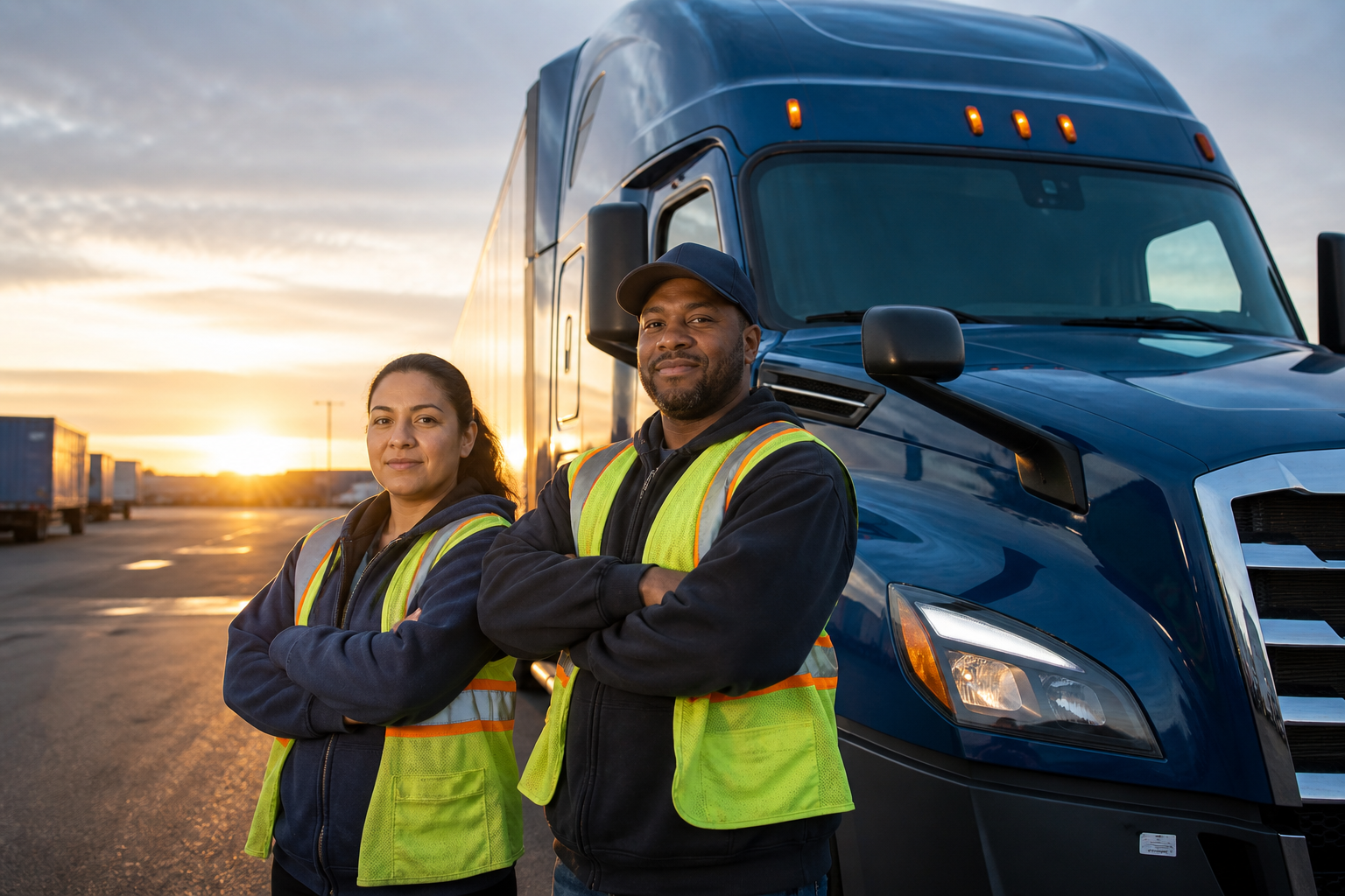 Two CDL drivers working together as a team truck driving crew.